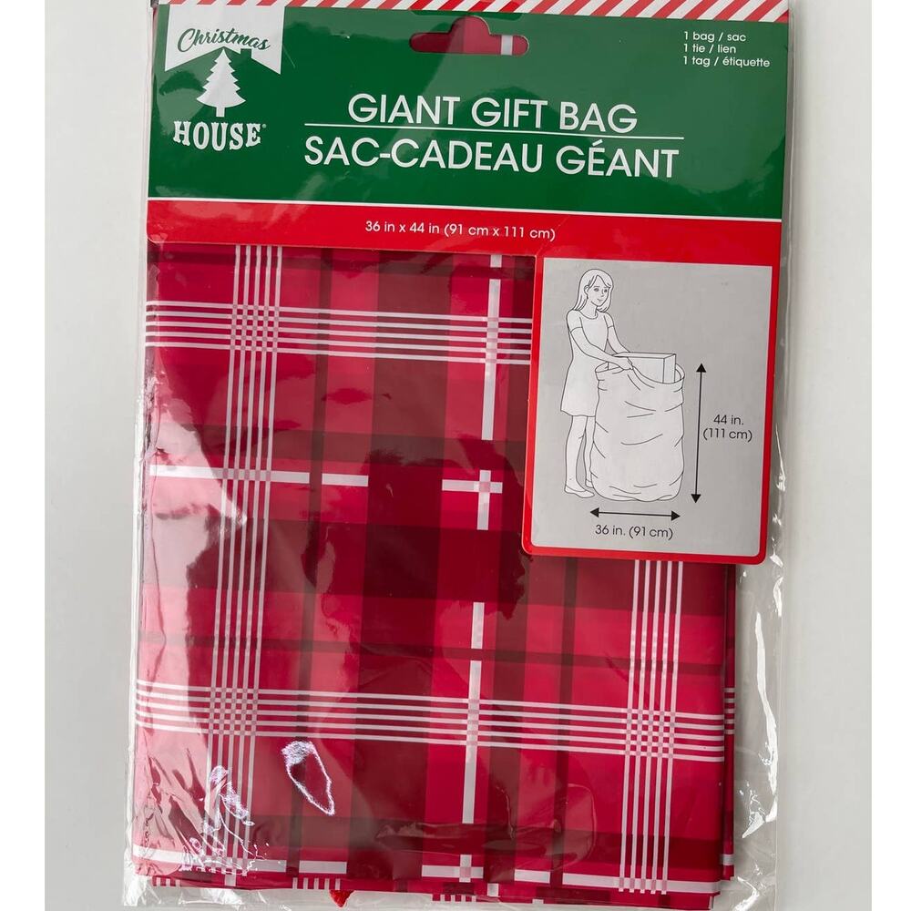 Christmas House Giant Gift Sack Bag 1 bag Plaid Red & White NEW